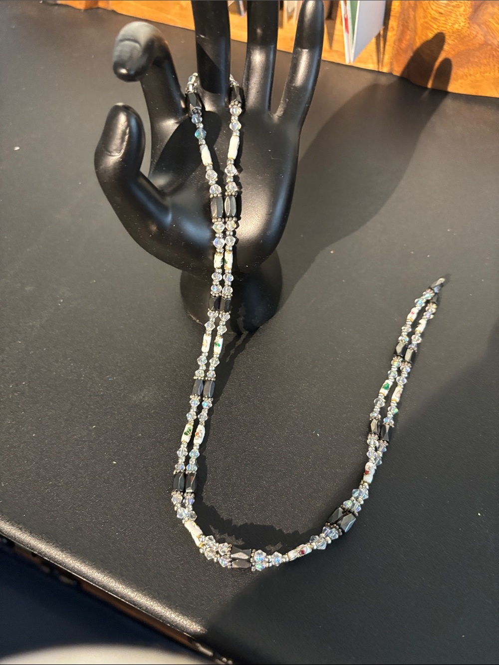 Crystal and Black Bead Women's Necklace  with silver accents